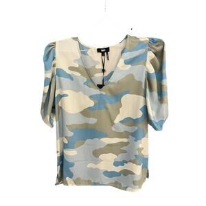 DKNY Women's M balloon sleeve blue camo blouse NWT